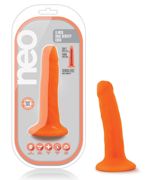Blush Neo Dual Density 6" Neon Orange Vibrating Dildo with Suction Cup Base