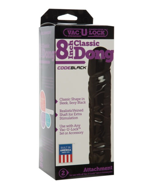 Vac-U-Lock Code Black 8-Inch Classic Dong – Textured Body-Safe PVC Vibrating Dildo with Suction Cup for Couples and Her