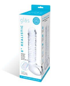 Glas 8″ Realistic Ribbed Glass G-Spot Dildo with Balls – Clear