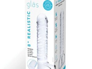 Glas 8″ Realistic Ribbed Glass G-Spot Dildo with Balls – Clear