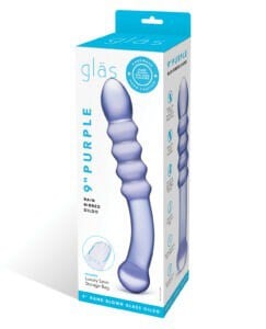 Glas Purple Rain Ribbed Glass Dildo with G-Spot Curved Tip and Control Handle