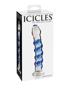 Icicles No. 5 Hand Blown Glass Massager by Pipedream Products - Clear with Blue Swirls