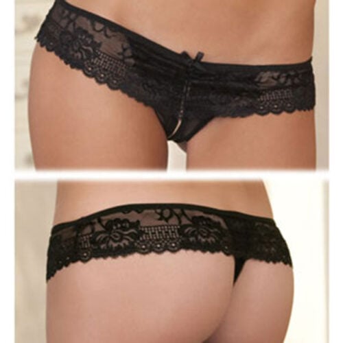 Rene Rofe Crotchless Lace Boyshort M/L - Elegant Black Lace with Satin Bow