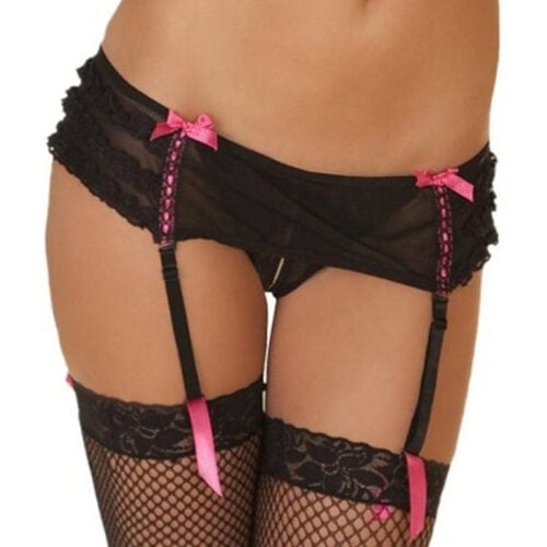 Rene Rofe Crotchless Mesh Skirted Thong in Black - Size Small/Medium