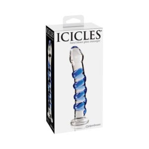 Pipedream Icicles No. 5 Curved Ribbed 7-inch Glass Dildo in Blue and Clear