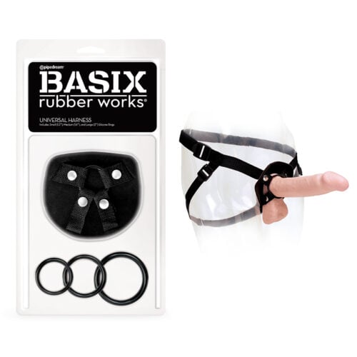 Pipedream Basix Rubber Works Universal Harness O/S Black - Adjustable Strap-On Compatibility with Silicone Rings
