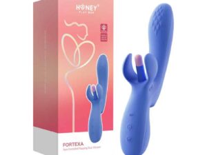Honey Play Box Fortexa blue rabbit vibrator next to its pink retail box