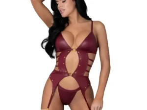 Male Power Lust Fetish Kira Burgundy L/XL Basque Set with Open Front and Metal Accents
