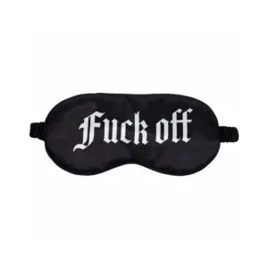 Black satin sleep mask with a white gothic text novelty print