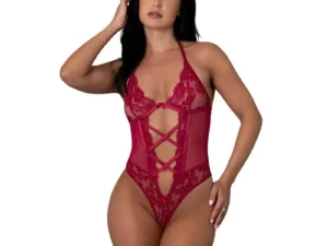 Magic Silk Black Cherry Halter Teddy L/XL - Seductive Lace and Fishnet Lingerie by Magic Silk