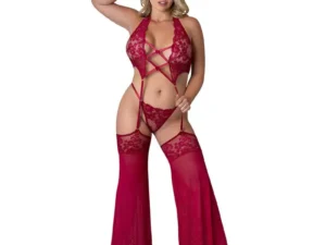 Magic Silk Black Cherry Plunge Top with Removable Chaps & Cheeky Panty Set for Plus Size