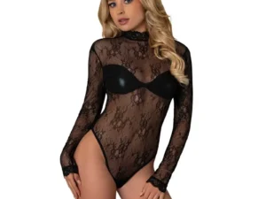Magic Silk Euro Lux Long Sleeve Playsuit Black S/M – Lace and Wet Look Fashion Teddy