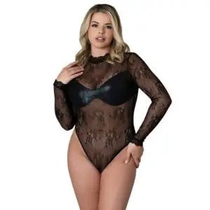 Magic Silk Euro Lux Long Sleeve Playsuit Black Queen Size - Elegant Lace and Wet Look Fashion Teddy
