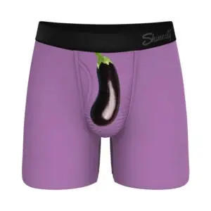 Shinesty purple boxer briefs with an eggplant print pouch and black waistband