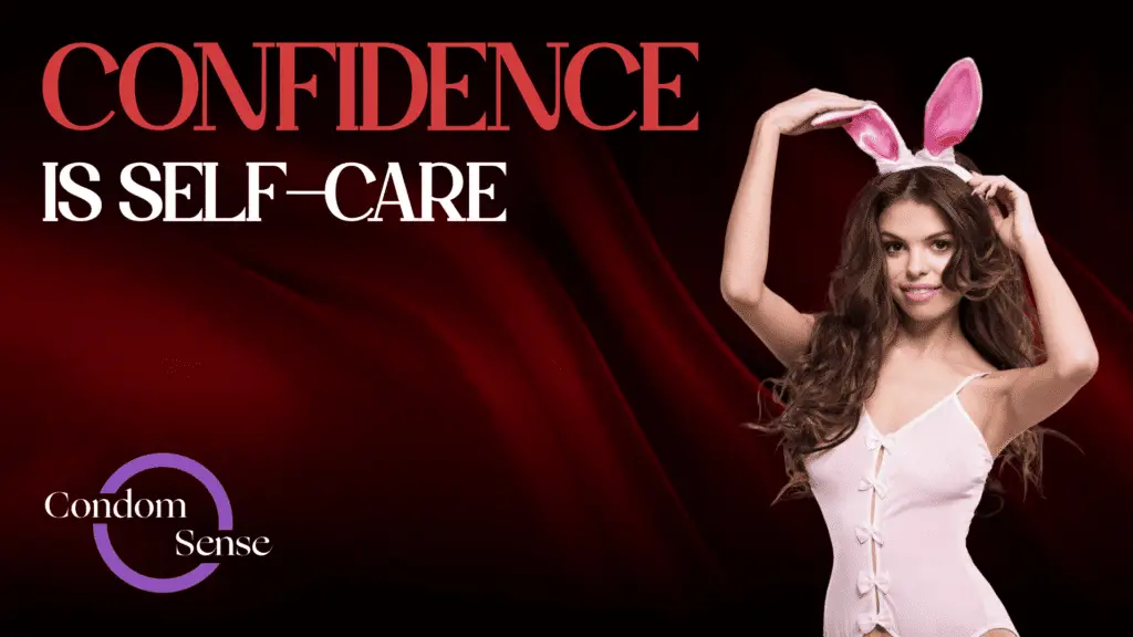 Blog banner reading Confidence Is Self Care, with a woman in a pink bunny costume