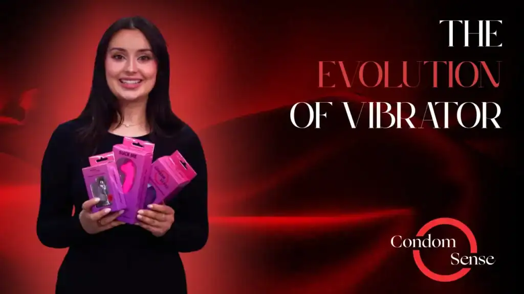 Blog banner reading The Evolution of Vibrators, with a host holding several boxed vibrators