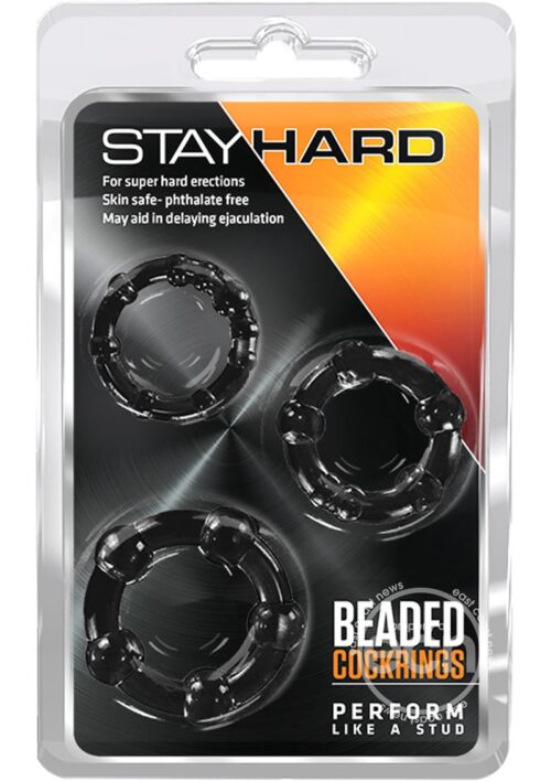 Stay Hard Beaded Cock Rings 3 pk - Black